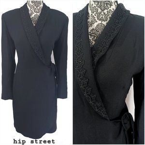 KASPER Vintage LS Wrap Front Bead Shawl Collar Crepe Tuxedo Dress 6